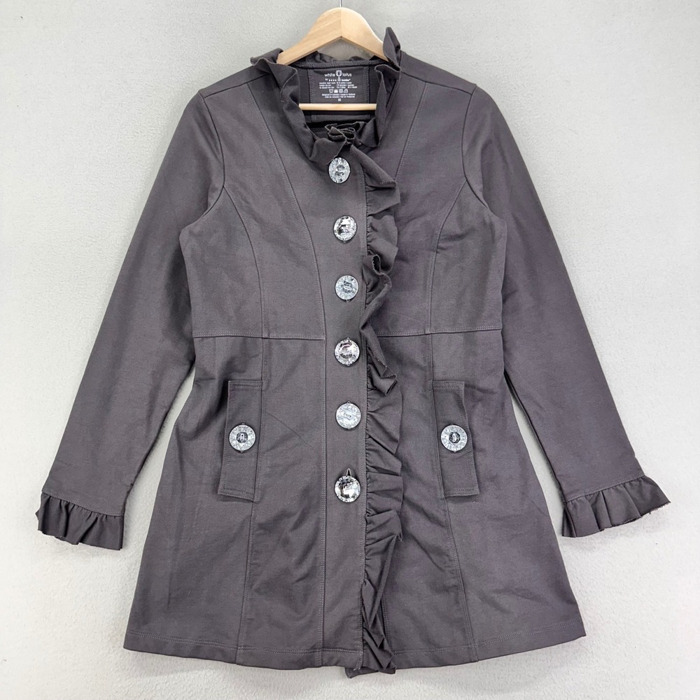 White Lotus by Neon Buddha Jacket Womens XS Gray Long Ruffle Jewel Buttons